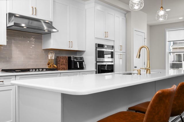 2949 Aughton Rd, Ann Arbor, MI 48105 - kitchen featuring under cabinet range hood, stainless steel appliances, backsplash, white cabinets, and a kitchen breakfast bar