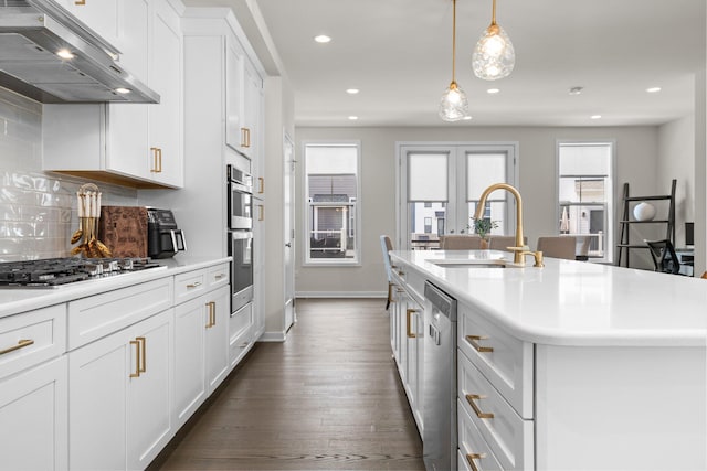 2949 Aughton Rd, Ann Arbor, MI 48105 - kitchen featuring under cabinet range hood, stainless steel appliances, recessed lighting, backsplash, and dark wood finished floors