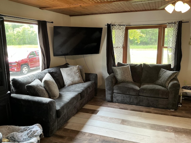 2383 Holton Rd, Muskegon, MI 49445 - living room featuring wooden ceiling, hardwood / wood-style flooring, and healthy amount of natural light