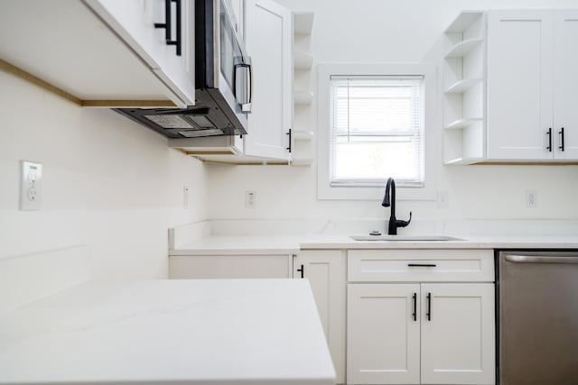 21611 Conners Ave, Warren, MI 48091 - kitchen with open shelves, dishwasher, white cabinetry, and light countertops