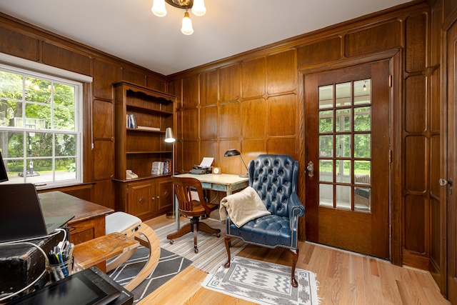 1208 Whittier Rd, Ypsilanti, MI 48197 - office area featuring light wood finished floors, wood walls, and ornamental molding