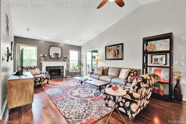 3581 Oakmonte Blvd Unit 60, Rochester, MI 48306 - living room featuring hardwood / wood-style floors, healthy amount of natural light, a ceiling fan, a premium fireplace, and high vaulted ceiling