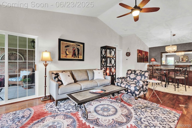 3581 Oakmonte Blvd Unit 60, Rochester, MI 48306 - living area with wood finished floors, a ceiling fan, a chandelier, and high vaulted ceiling