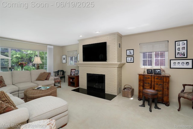 25845 Salem Rd, Huntington Woods, MI 48070 - living area with carpet floors, a fireplace, and recessed lighting