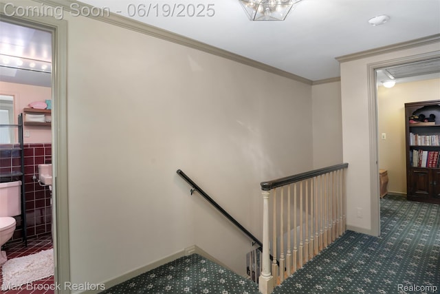 25845 Salem Rd, Huntington Woods, MI 48070 - stairs with carpet floors, ornamental molding, and tile walls