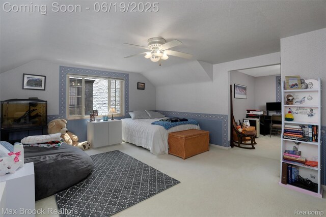 25845 Salem Rd, Huntington Woods, MI 48070 - bedroom featuring vaulted ceiling, carpet, and ceiling fan