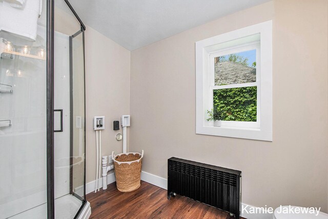 947 W Main St, Ionia, MI 48846 - full bath with radiator heating unit, wood finished floors, and a shower stall