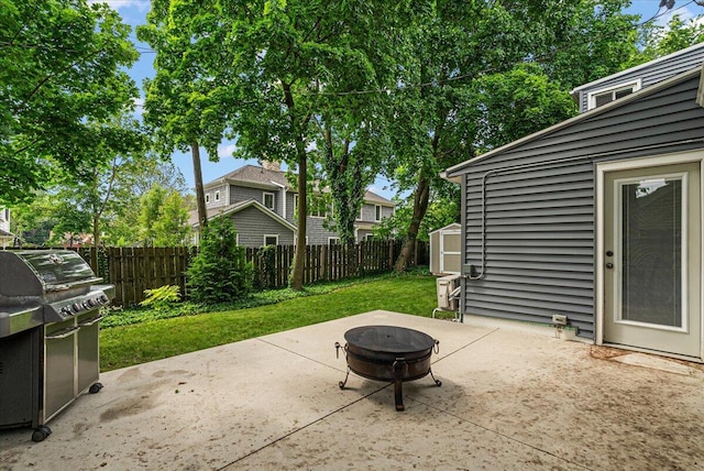 1115 Keneberry Way SE, East Grand Rapids, MI 49506 - fenced backyard featuring a patio area, a fire pit, a shed, and a grill