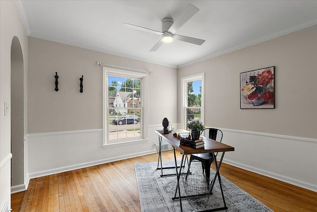 1115 Keneberry Way SE, East Grand Rapids, MI 49506 - office space with arched walkways, hardwood / wood-style floors, ceiling fan, and ornamental molding