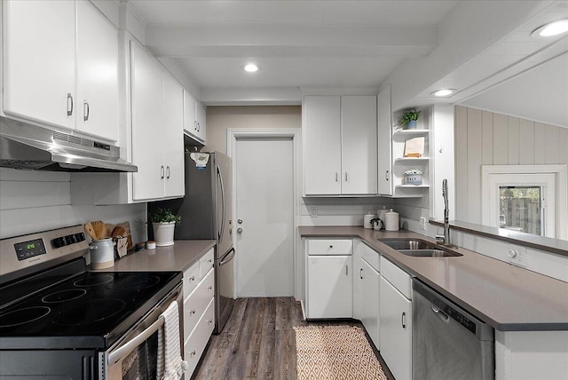 1115 Keneberry Way SE, East Grand Rapids, MI 49506 - kitchen with under cabinet range hood, stainless steel appliances, wood finished floors, recessed lighting, and white cabinets