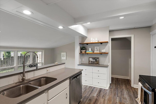 1115 Keneberry Way SE, East Grand Rapids, MI 49506 - kitchen with stainless steel dishwasher, range with electric cooktop, white cabinets, dark wood-type flooring, and recessed lighting