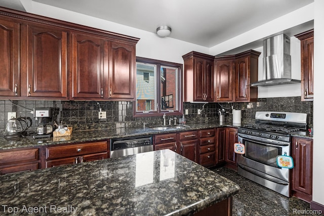 13205 Van Pamel Dr, Shelby Twp, MI 48315 - kitchen with appliances with stainless steel finishes, wall chimney exhaust hood, granite tiled floors, dark stone countertops, and decorative backsplash