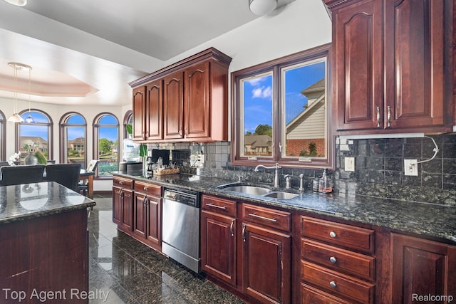 13205 Van Pamel Dr, Shelby Twp, MI 48315 - kitchen featuring stainless steel dishwasher, granite floors, tasteful backsplash, and dark brown cabinets