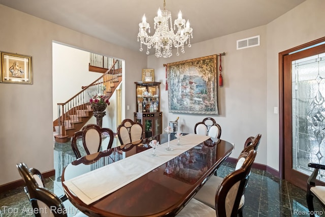 13205 Van Pamel Dr, Shelby Twp, MI 48315 - dining space with granite floors, stairway, and a chandelier