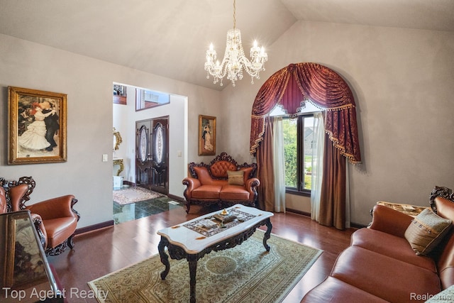 13205 Van Pamel Dr, Shelby Twp, MI 48315 - living room featuring a chandelier, high vaulted ceiling, and wood finished floors