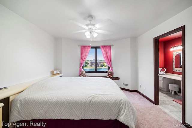13205 Van Pamel Dr, Shelby Twp, MI 48315 - bedroom featuring light carpet, connected bathroom, and a ceiling fan