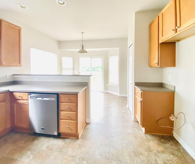 1924 Savannah Ln, Ypsilanti, MI 48198 - kitchen featuring stainless steel dishwasher, a peninsula, recessed lighting, hanging light fixtures, and brown cabinetry
