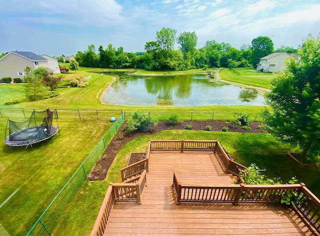1924 Savannah Ln, Ypsilanti, MI 48198 - wooden terrace featuring a water view, a fenced backyard, a trampoline, and view of scattered trees