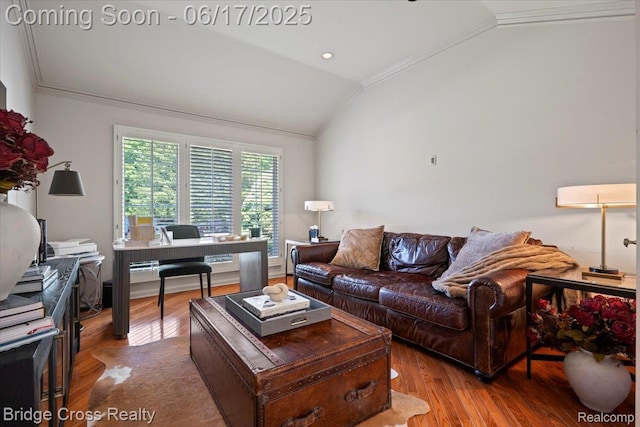 22025 Orchard Way, Beverly Hills, MI 48025 - living room with lofted ceiling, crown molding, wood finished floors, and a desk