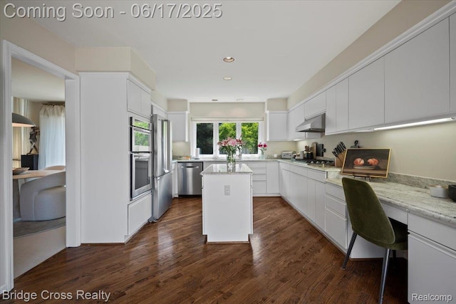 22025 Orchard Way, Beverly Hills, MI 48025 - kitchen with stainless steel appliances, under cabinet range hood, a kitchen island, white cabinets, and recessed lighting