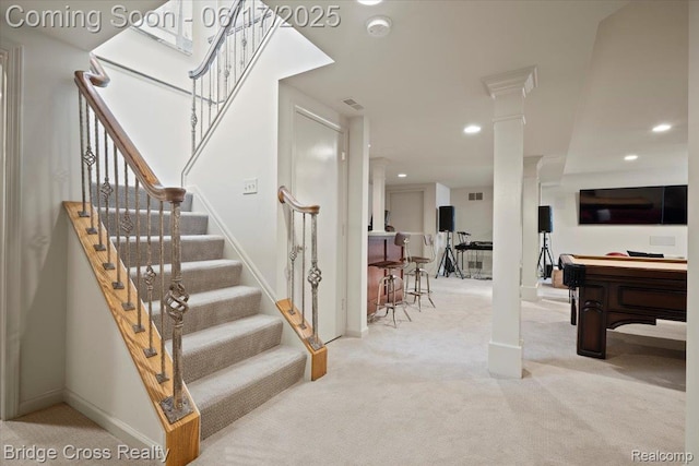 22025 Orchard Way, Beverly Hills, MI 48025 - stairs featuring carpet, recessed lighting, and ornate columns