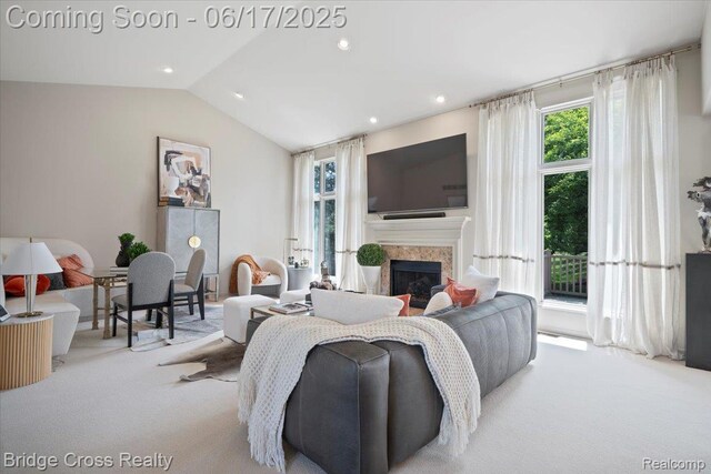 22025 Orchard Way, Beverly Hills, MI 48025 - carpeted living room with lofted ceiling, a fireplace, and recessed lighting