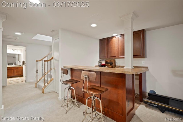 22025 Orchard Way, Beverly Hills, MI 48025 - indoor dry bar with ornate columns, light colored carpet, stairs, and recessed lighting