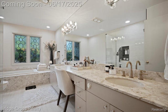 22025 Orchard Way, Beverly Hills, MI 48025 - bathroom with double vanity, a bath, a chandelier, an enclosed shower, and recessed lighting