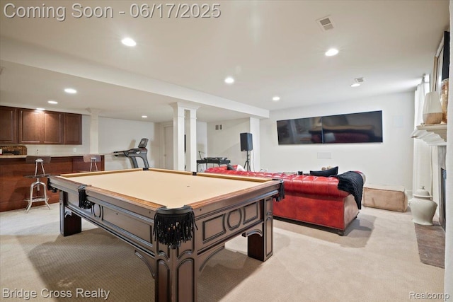 22025 Orchard Way, Beverly Hills, MI 48025 - recreation room with light colored carpet, pool table, recessed lighting, and bar area