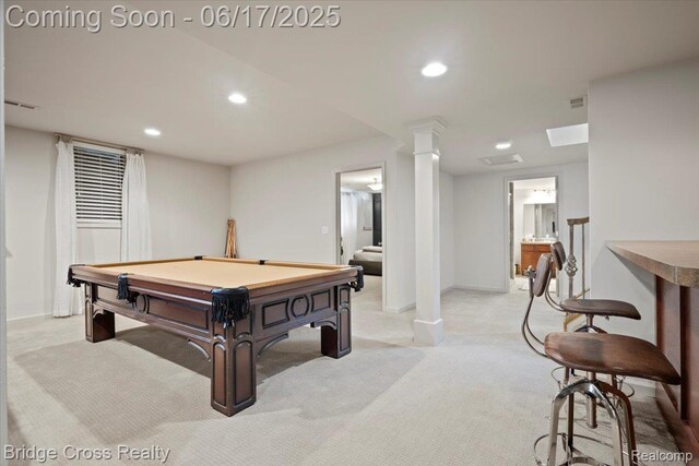 22025 Orchard Way, Beverly Hills, MI 48025 - game room featuring light carpet, recessed lighting, pool table, and decorative columns