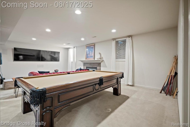 22025 Orchard Way, Beverly Hills, MI 48025 - playroom featuring pool table, light colored carpet, recessed lighting, and a fireplace