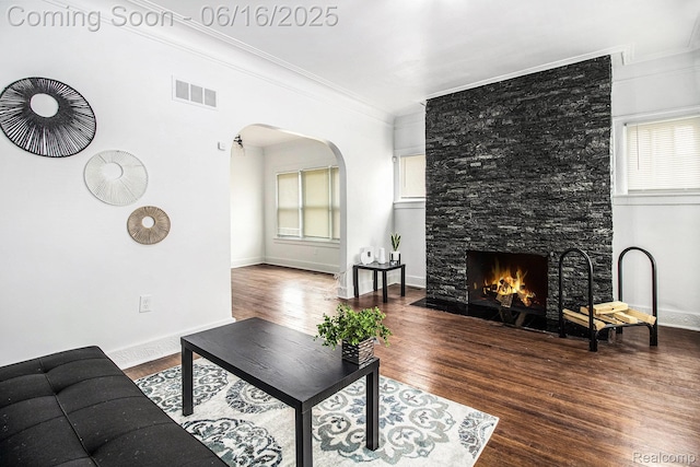 2701 Tuxedo St, Detroit, MI 48206 - living room featuring arched walkways, wood finished floors, plenty of natural light, crown molding, and a large fireplace