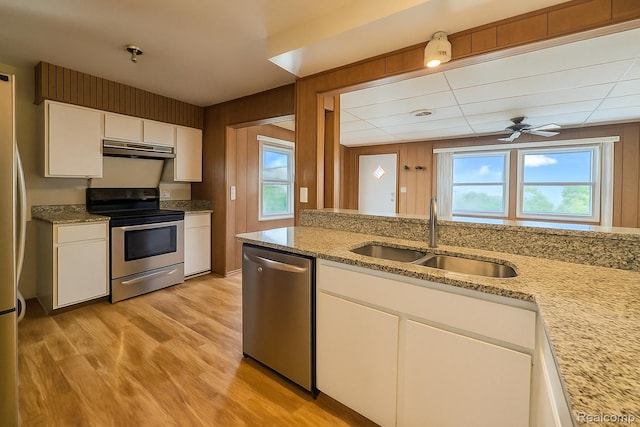 13513 Chestnut St, Southgate, MI 48195 - kitchen with appliances with stainless steel finishes, under cabinet range hood, light wood-type flooring, white cabinetry, and light stone counters
