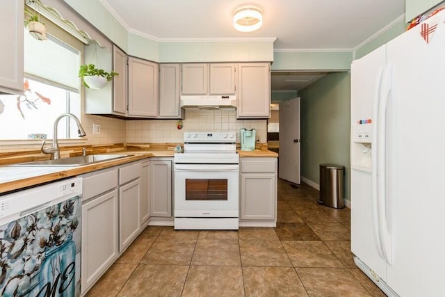 2885 Bluff St, Stevensville, MI 49127 - kitchen with white appliances, under cabinet range hood, decorative backsplash, ornamental molding, and light countertops