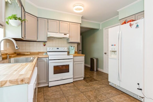 2885 Bluff St, Stevensville, MI 49127 - kitchen with white appliances, under cabinet range hood, ornamental molding, tasteful backsplash, and butcher block countertops