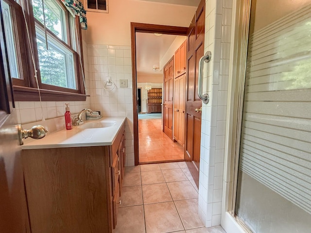 92359 Center St, Dowagiac, MI 49047 - full bathroom with vanity, tile patterned flooring, and a stall shower