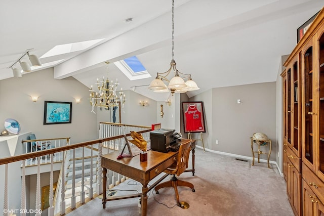 400 Lake Dr Unit C, New Buffalo, MI 49117 - home office featuring a skylight, a chandelier, and light colored carpet