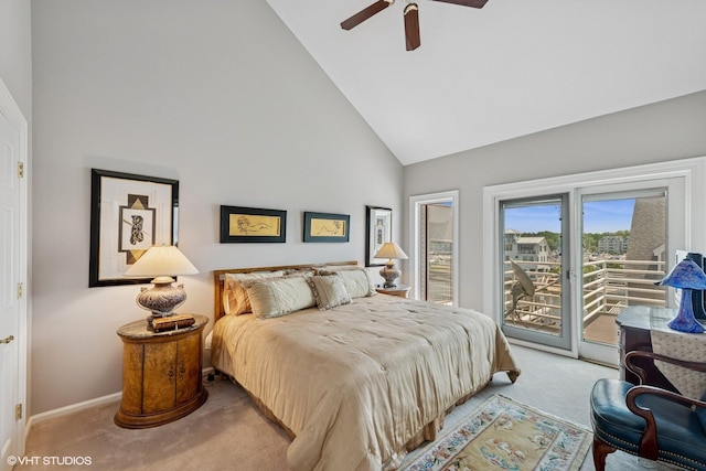400 Lake Dr Unit C, New Buffalo, MI 49117 - bedroom featuring carpet floors, access to exterior, high vaulted ceiling, and ceiling fan