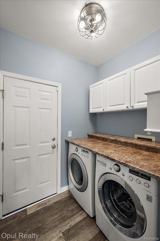 1978 Frances Way, Ypsilanti, MI 48198 - washroom with washing machine and clothes dryer, cabinet space, and dark wood-style floors