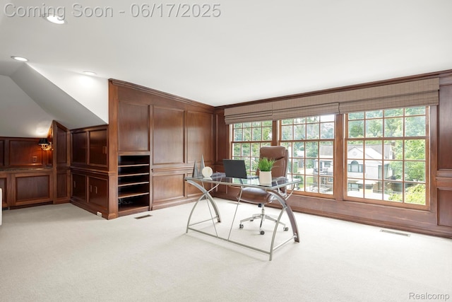 33 Oxford Blvd, Pleasant Ridge, MI 48069 - carpeted office featuring a decorative wall, lofted ceiling, and recessed lighting