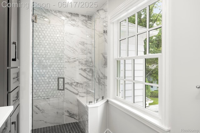 33 Oxford Blvd, Pleasant Ridge, MI 48069 - bathroom with a marble finish shower, healthy amount of natural light, and vanity