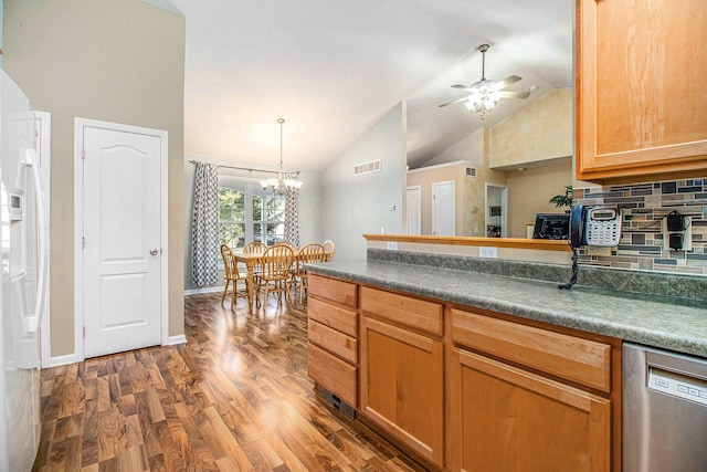 4497 Tiffany Ave, Portage, MI 49002 - kitchen featuring stainless steel dishwasher, lofted ceiling, wood finished floors, dark countertops, and a ceiling fan
