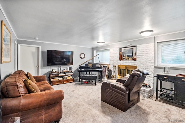 23870 Rockingham St, Southfield, MI 48033 - living room with crown molding, carpet flooring, and a glass covered fireplace