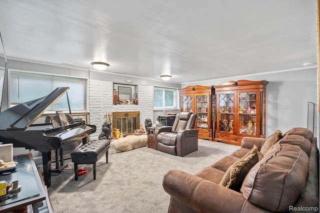 23870 Rockingham St, Southfield, MI 48033 - living room featuring carpet, a fireplace, and crown molding