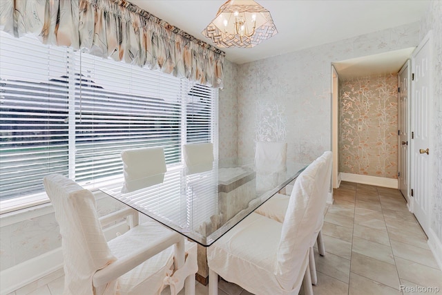 42134 Toddmark Ln, Clinton Township, MI 48038 - unfurnished dining area with a chandelier, wallpapered walls, and tile patterned floors