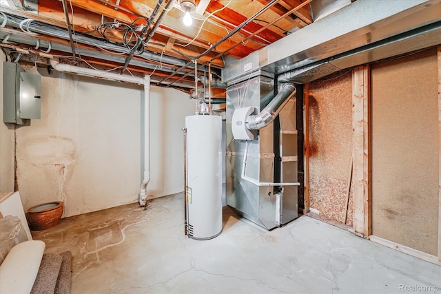 42134 Toddmark Ln, Clinton Township, MI 48038 - unfinished basement featuring gas water heater, heating unit, and electric panel