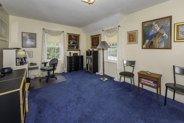 1217 Westmoorland St, Ypsilanti, MI 48197 - home office featuring vaulted ceiling, plenty of natural light, and dark colored carpet