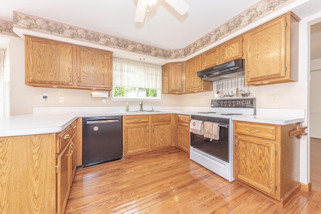 5835 S Ashford Way, Ypsilanti, MI 48197 - kitchen featuring dishwashing machine, white range with electric stovetop, under cabinet range hood, light wood finished floors, and ceiling fan