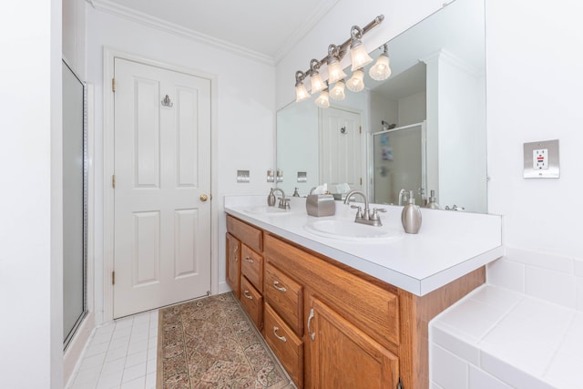 5835 S Ashford Way, Ypsilanti, MI 48197 - bathroom featuring double vanity, ornamental molding, a stall shower, and tile patterned floors