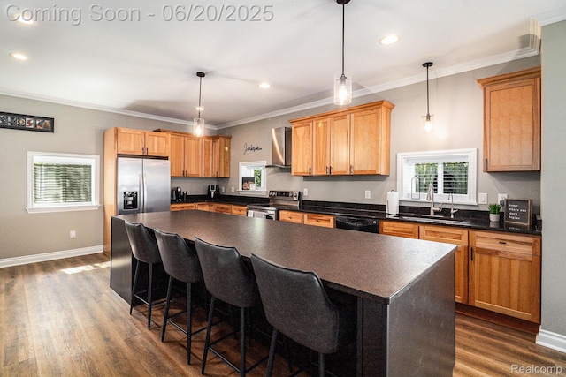3280 Chambourne St, Ferndale, MI 48382 - kitchen featuring stainless steel appliances, dark countertops, wall chimney exhaust hood, dark wood-style floors, and crown molding